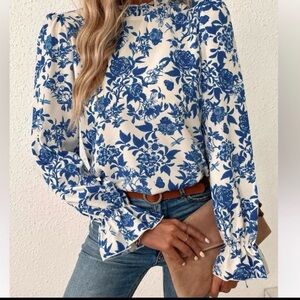 Elegant Blue and White Floral Blouse NWOT
